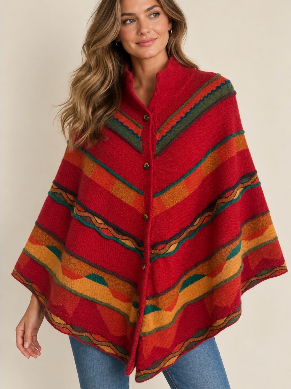 Red Patterned Button-Front Poncho Jacket